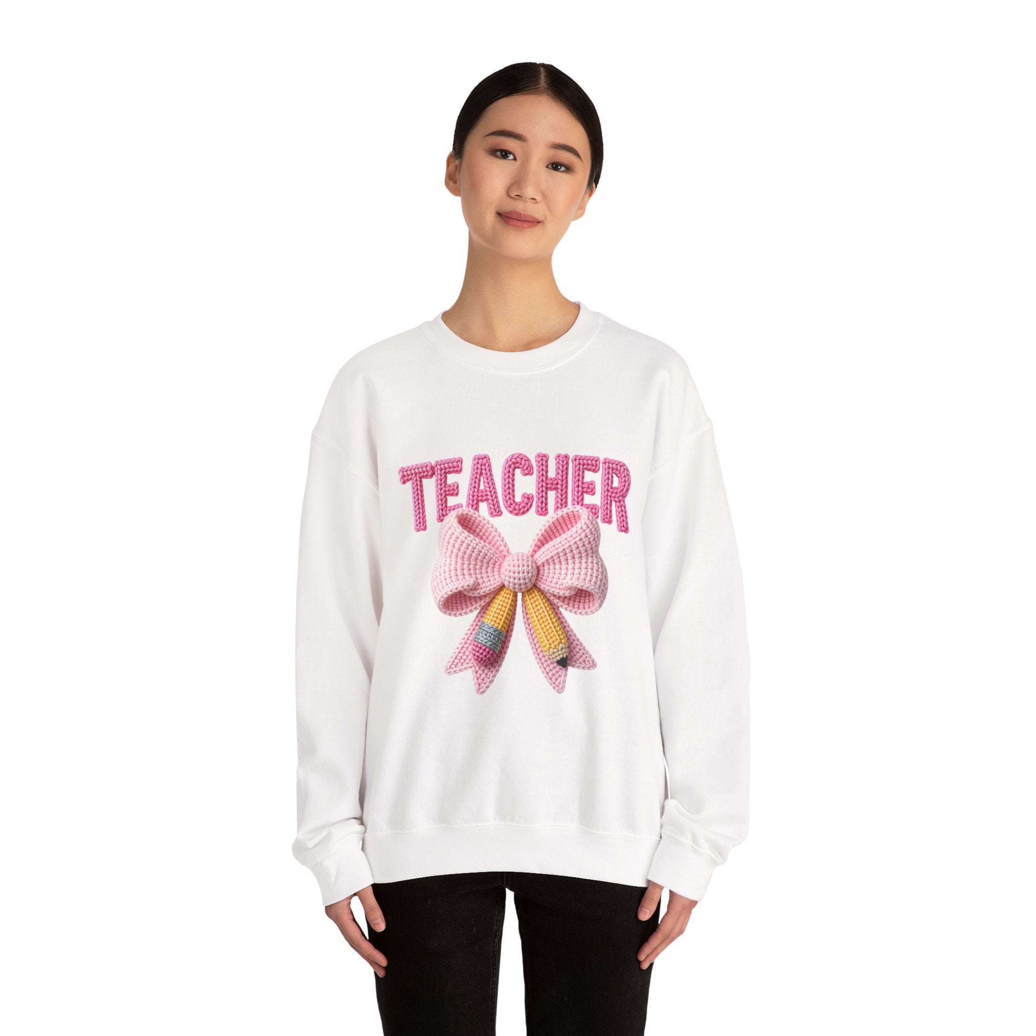 Teacher Crewneck Sweatshirt — Pink Bow Graphic