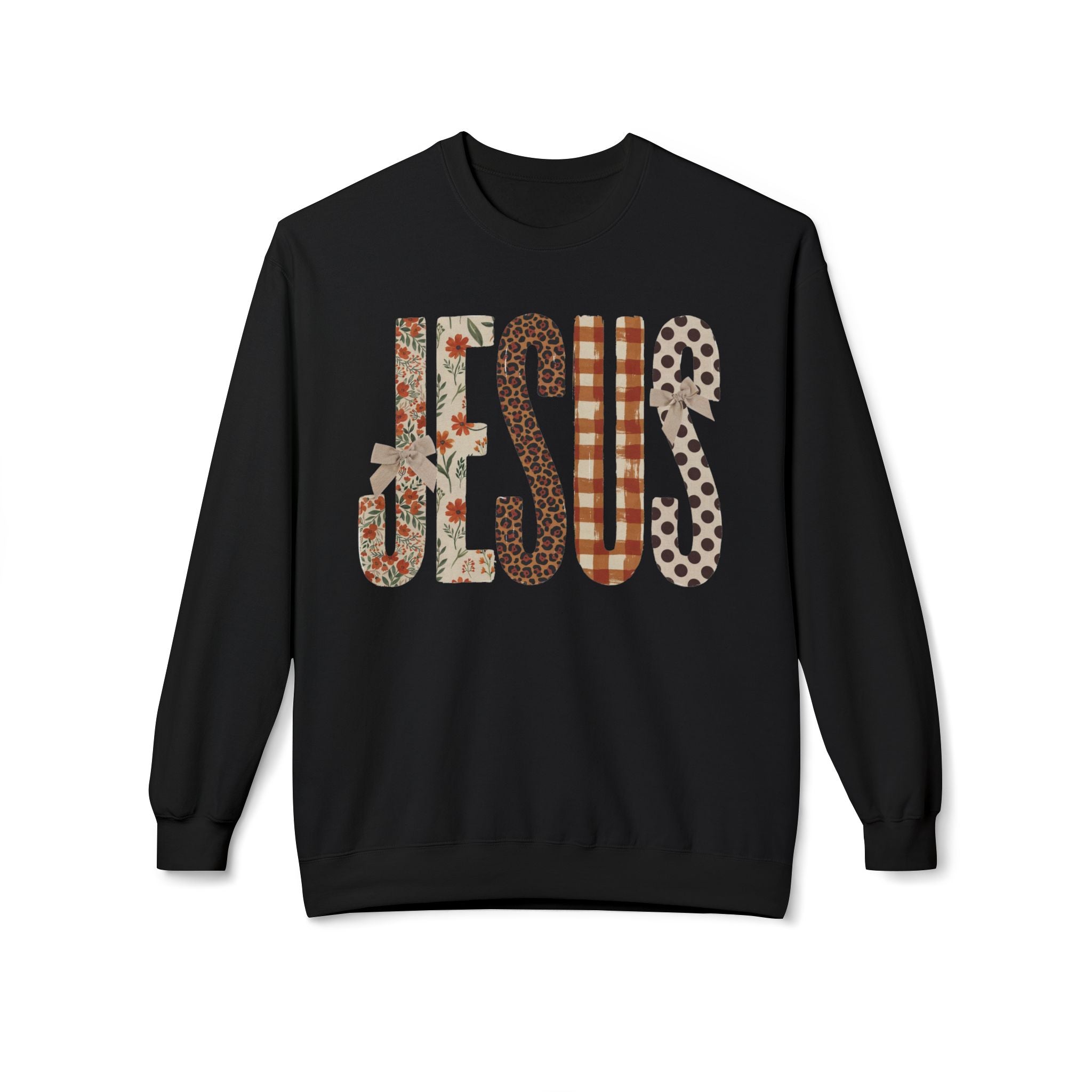 Jesus Pattern Crewneck Sweatshirt — Floral, Plaid & Leopard Lettering