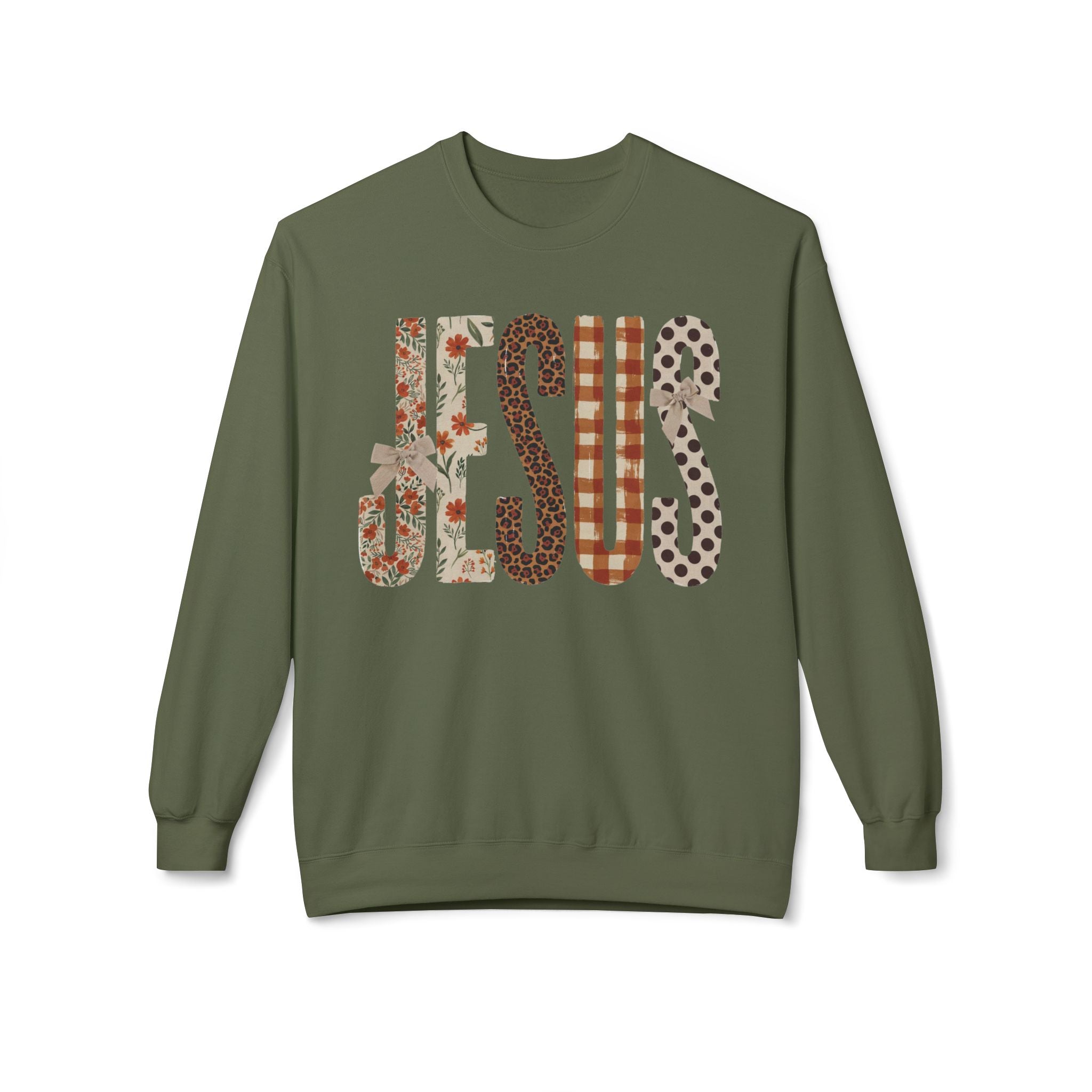 Jesus Pattern Crewneck Sweatshirt — Floral, Plaid & Leopard Lettering
