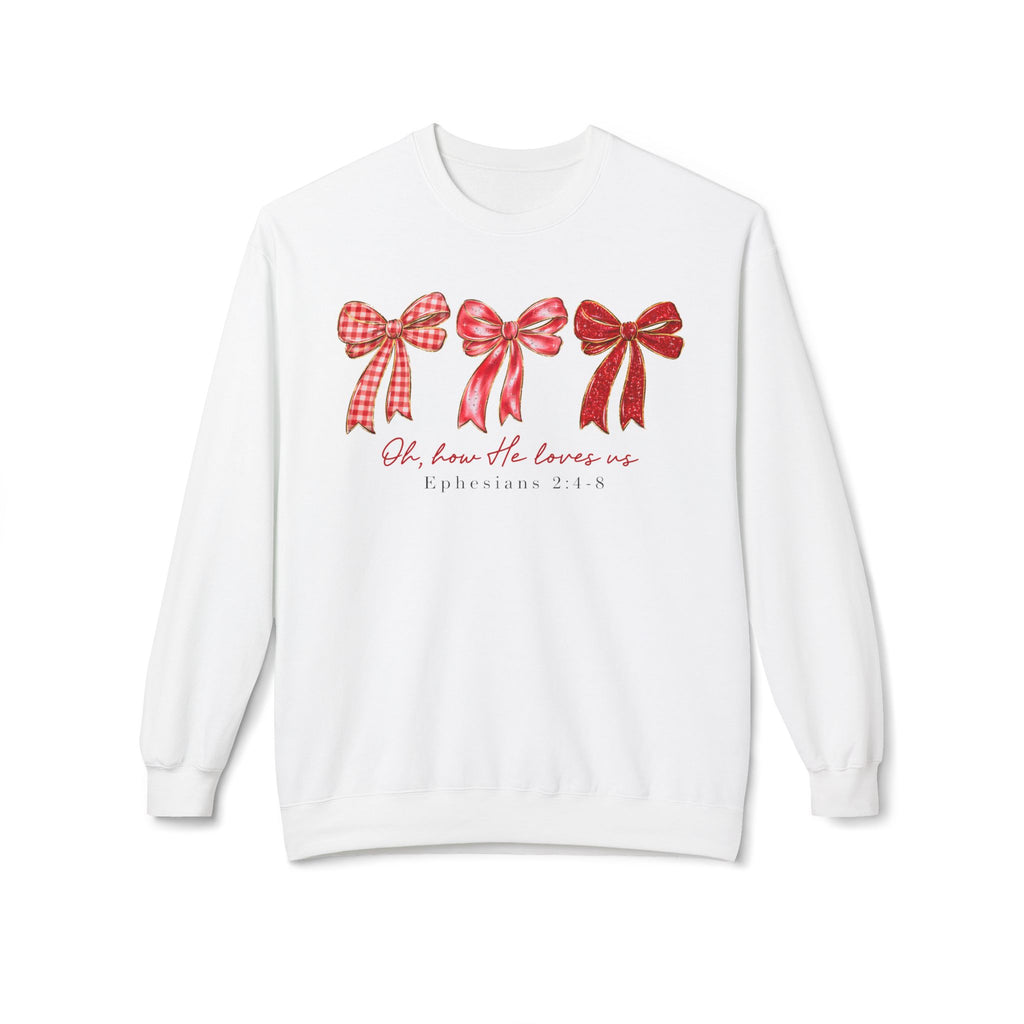 Bow Trio Crewneck Sweatshirt — "Oh, how He loves us" Scripture Design