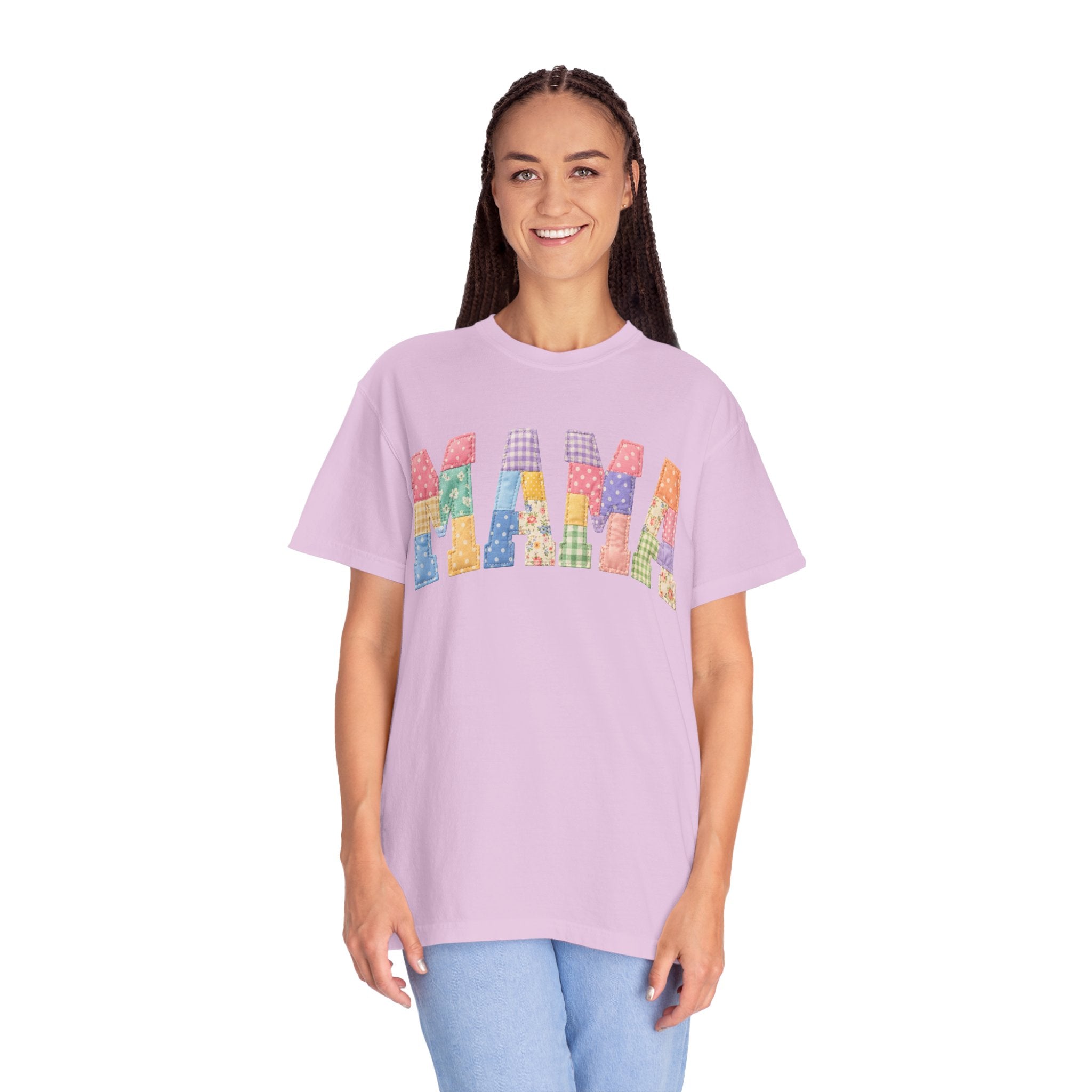 Mama Patchwork T-Shirt — Colorful Quilted Letter Graphic Tee