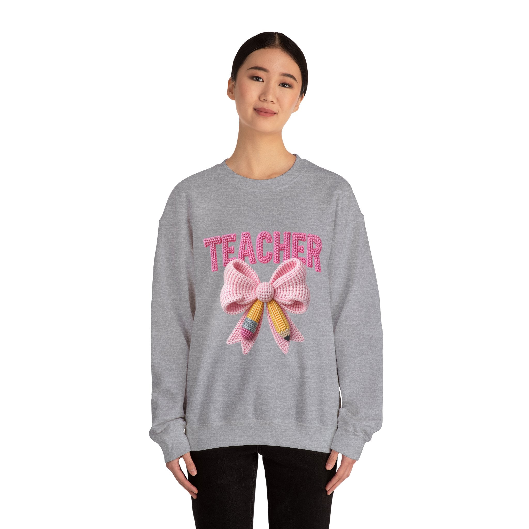 Teacher Crewneck Sweatshirt — Pink Bow Graphic