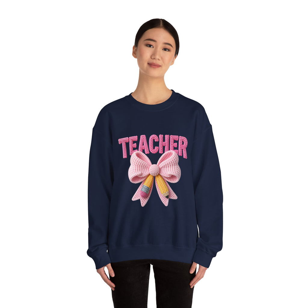 Teacher Crewneck Sweatshirt — Pink Bow Graphic