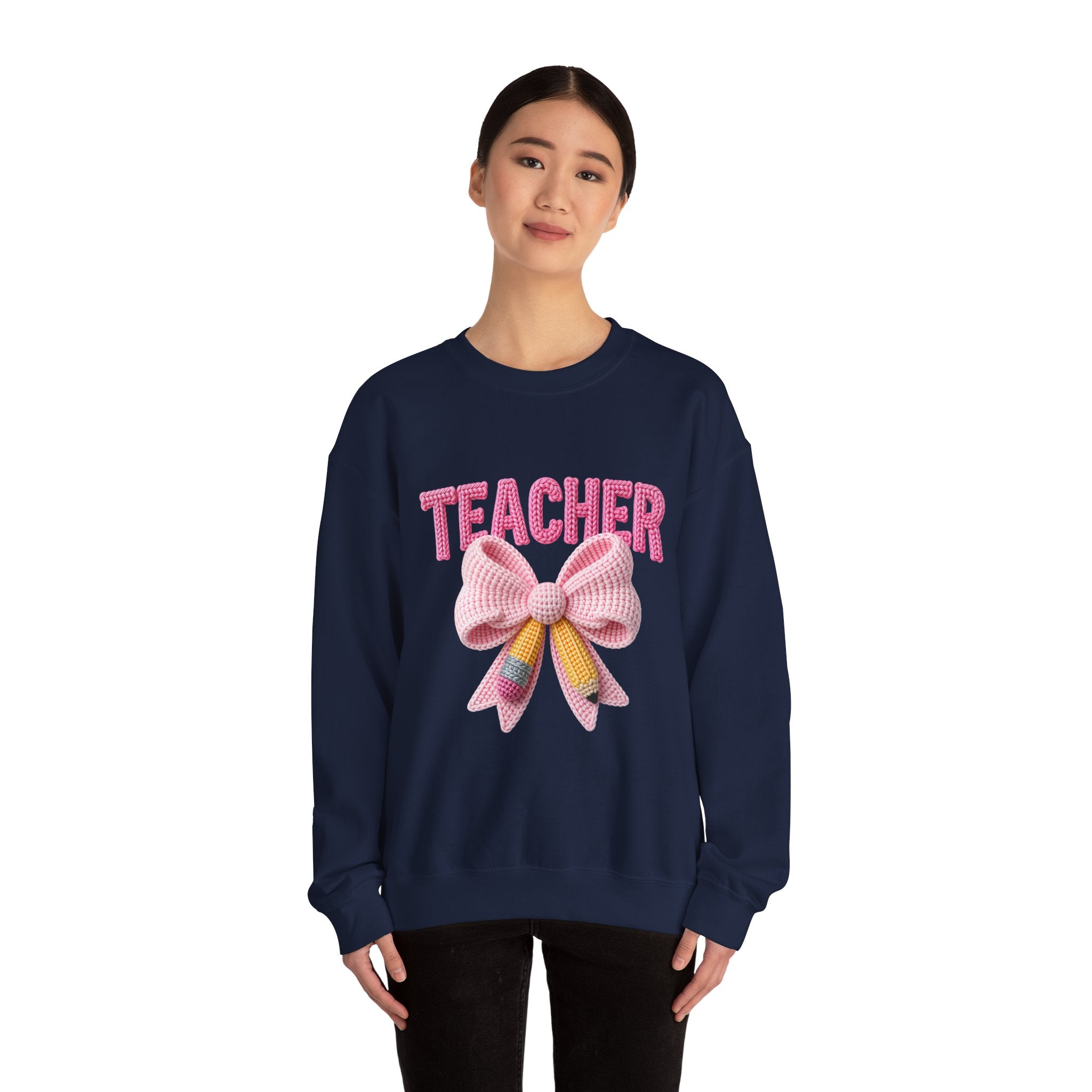 Teacher Crewneck Sweatshirt — Pink Bow Graphic