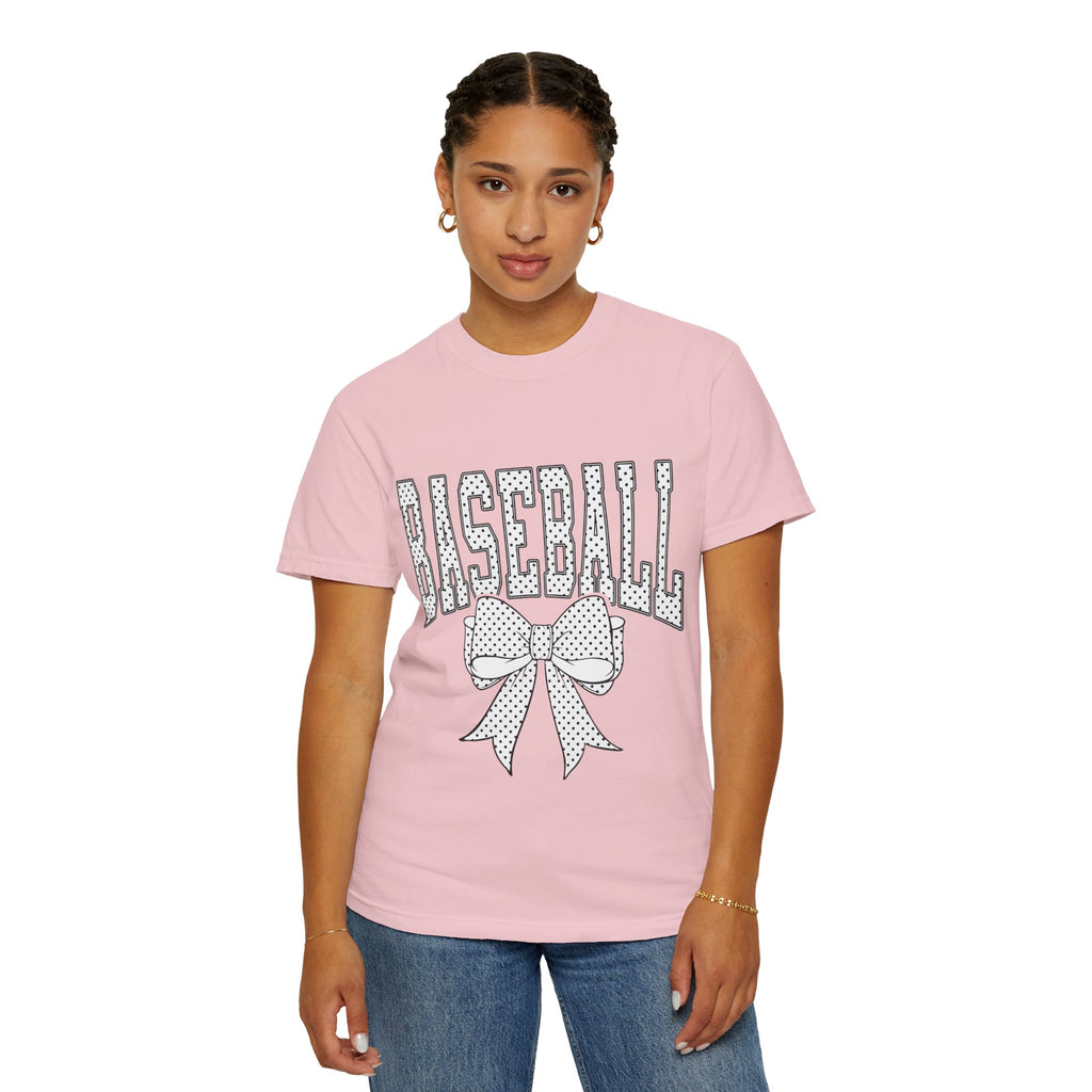 Baseball Bow T-Shirt — Cute Polka Dot Baseball Tee for Fans & Gift-Giving