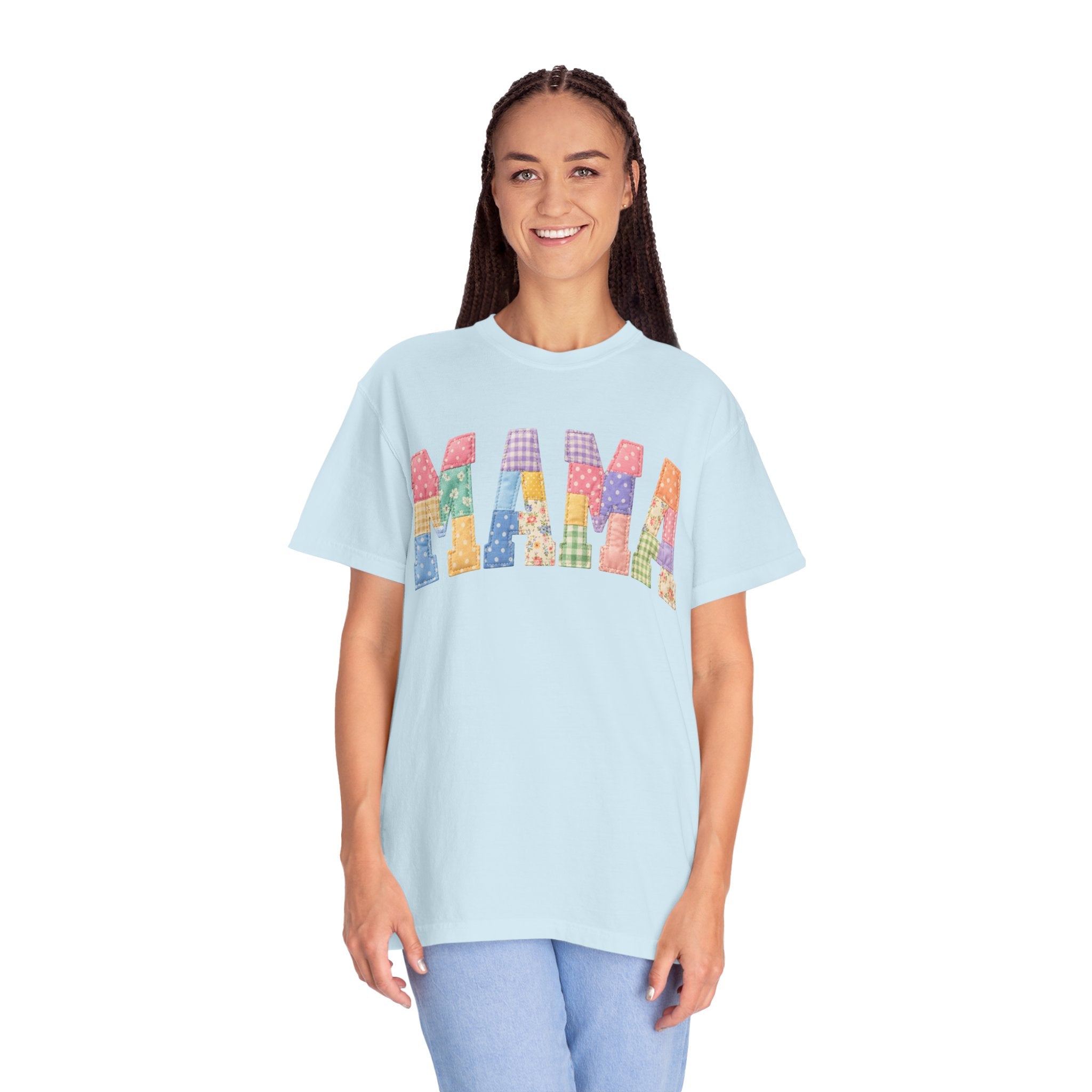 Mama Patchwork T-Shirt — Colorful Quilted Letter Graphic Tee