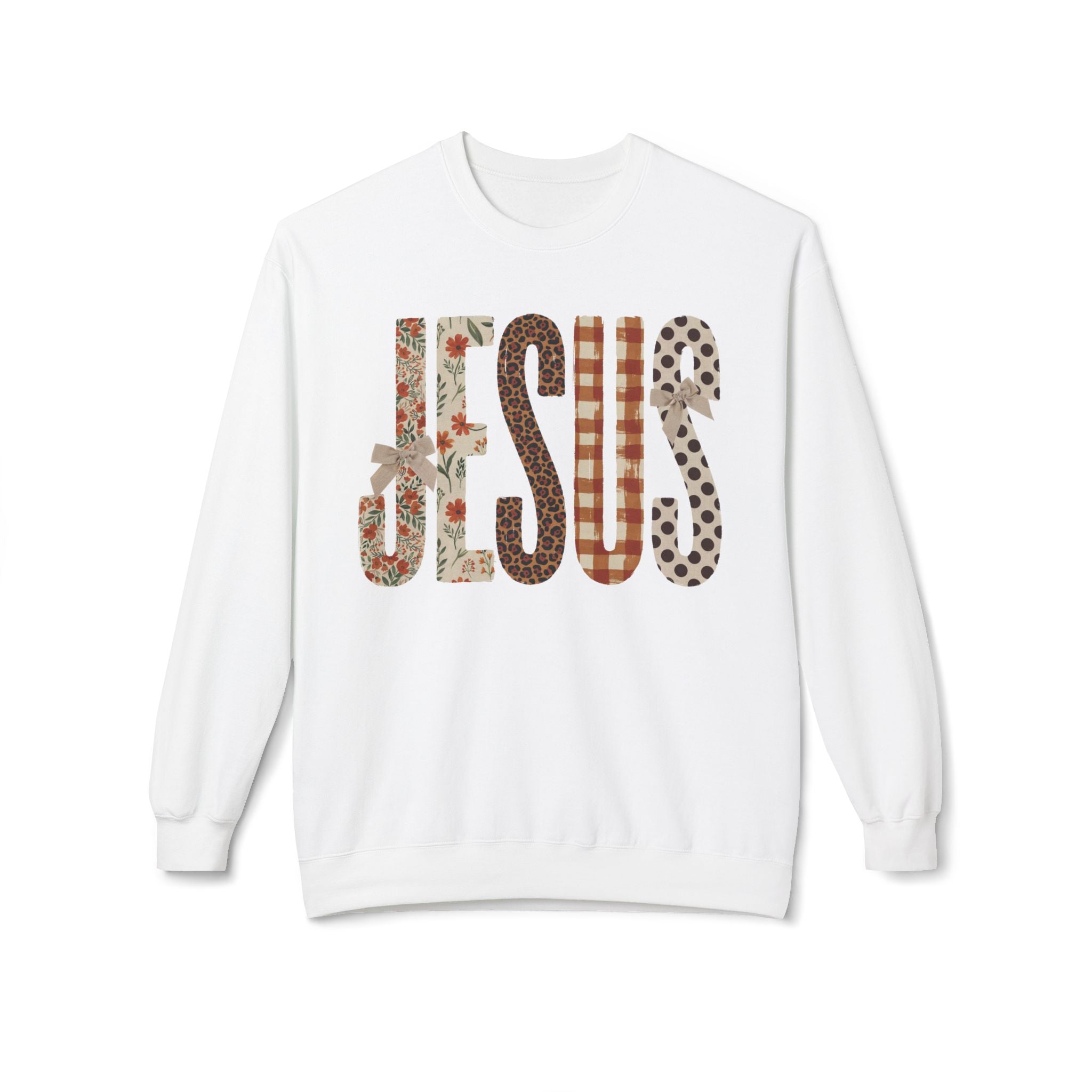 Jesus Pattern Crewneck Sweatshirt — Floral, Plaid & Leopard Lettering