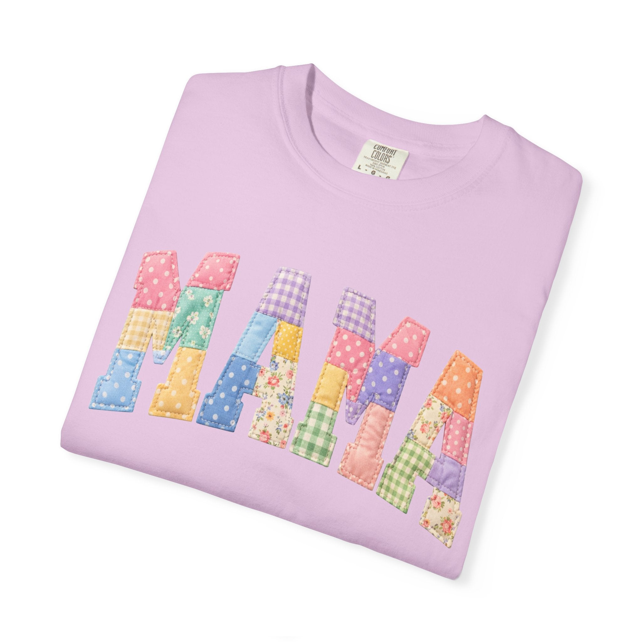 Mama Patchwork T-Shirt — Colorful Quilted Letter Graphic Tee