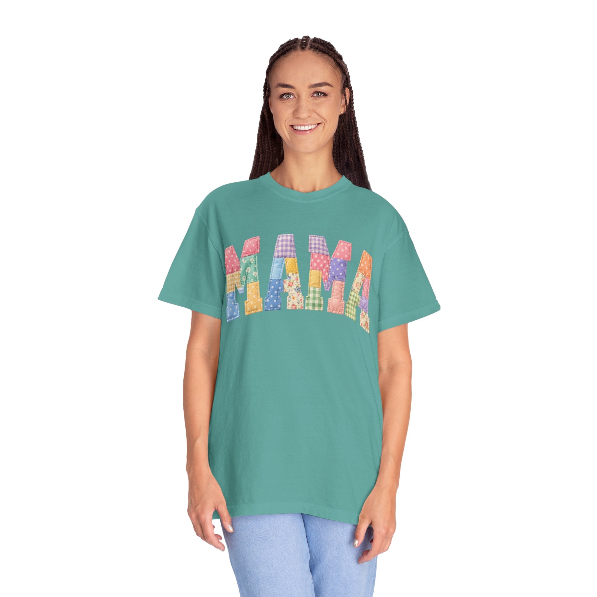Mama Patchwork T-Shirt — Colorful Quilted Letter Graphic Tee
