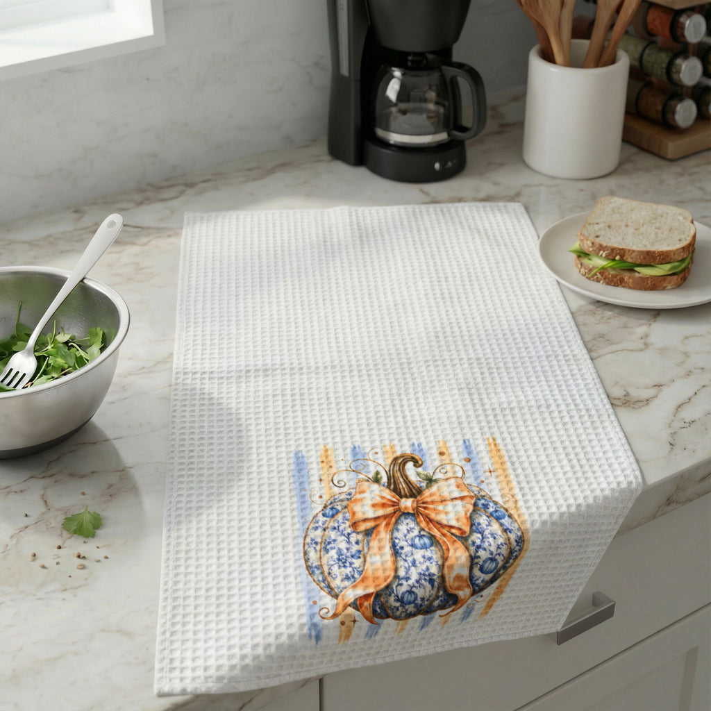 Autumn Blue Pumpkin Waffle Weave Kitchen Towel