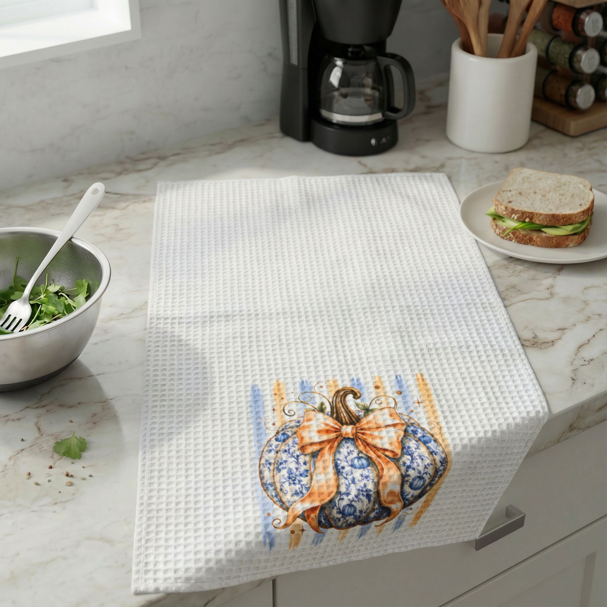 Autumn Blue Pumpkin Waffle Weave Kitchen Towel