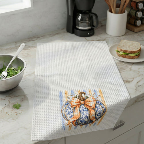 Autumn Blue Pumpkin Waffle Weave Kitchen Towel