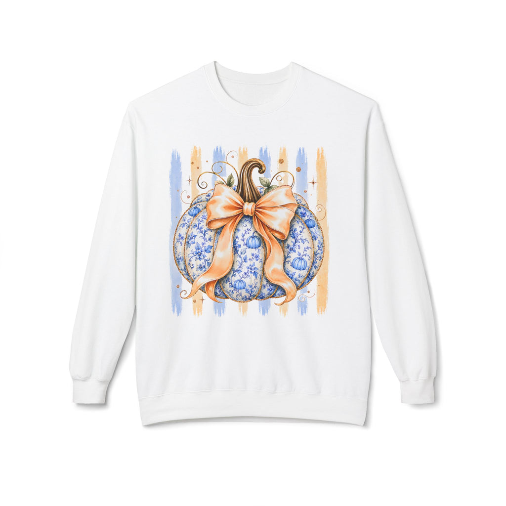 Fall Blue Floral Pumpkin Crewneck Sweatshirt — Elegant Pumpkin with Bow Design