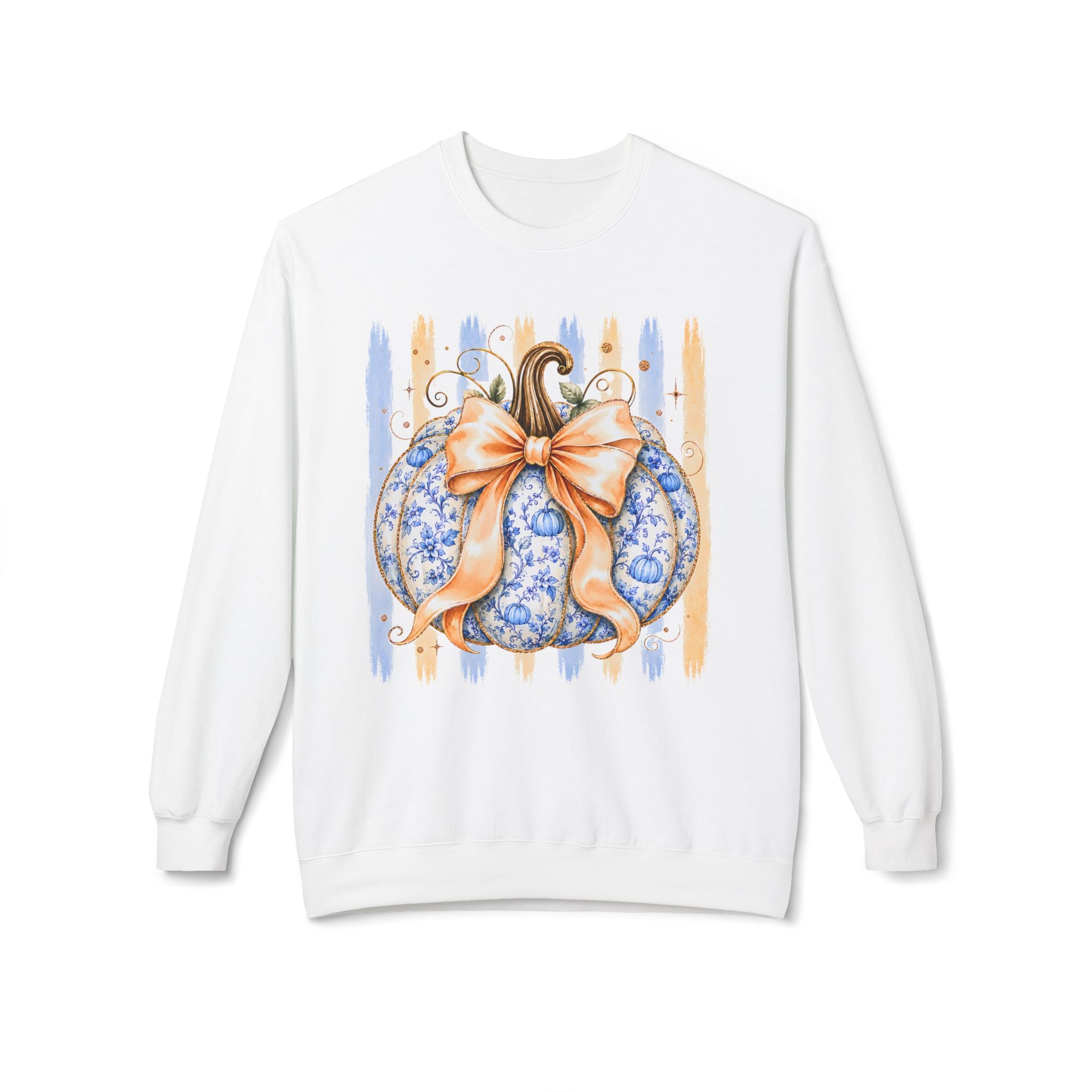 Fall Blue Floral Pumpkin Crewneck Sweatshirt — Elegant Pumpkin with Bow Design